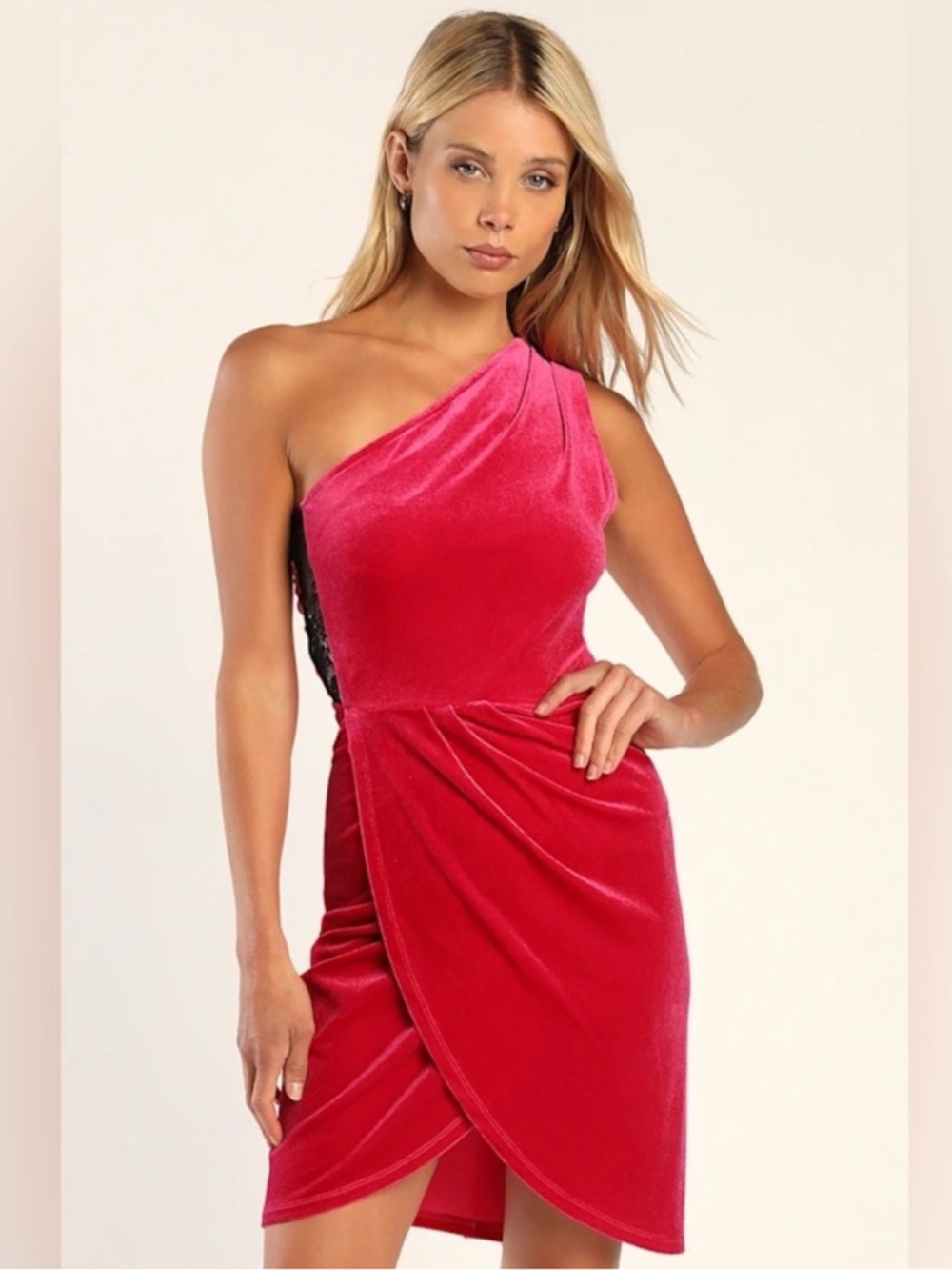 Lulu’s One-Shoulder Hot Pink Velvet Draped Mini Dress